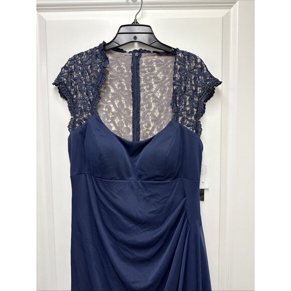 XSCAPE Size 16 Navy Metallic Lace Sleeve Chiffon Ruffled Cascade Gown Dress New - Picture 6 of 12